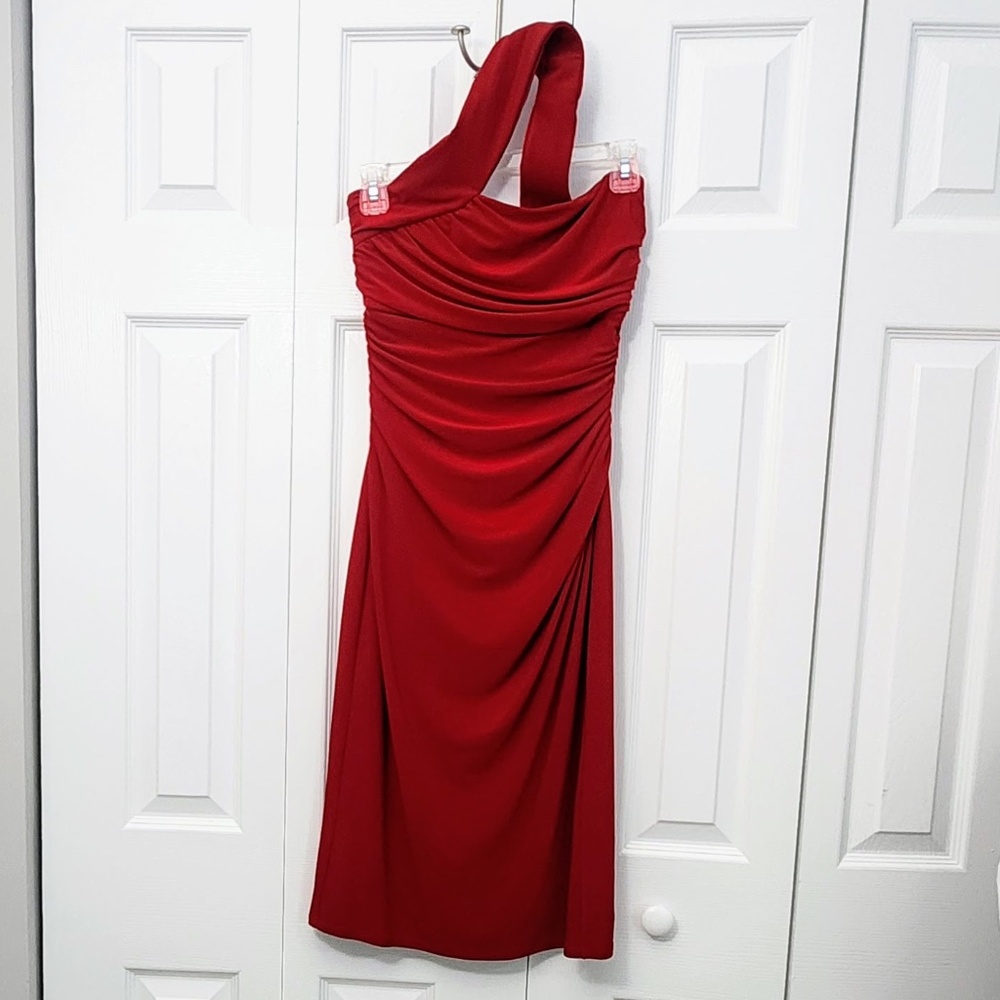 Lauren Ralph Lauren Women's Red Ruched One-Shoulder Bodycon Midi Dress Size 2